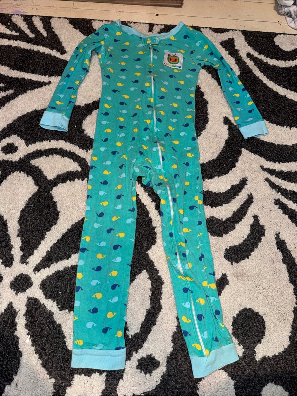 Teal Whale-Print Cocomelon Kids One-Piece Footie Pajama